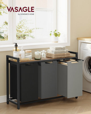LEDREM Laundry Basket3-Compartment Laundry HamperPull-Out And Removable Liner BagsClothes SorterShelfMetal Frame