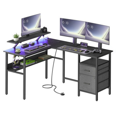 LEDREM L-Shaped Desk With Power OutletsCorner DeskComputer Desk With Monitor ShelfGaming Desk With Led Lights from B&Q