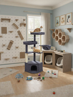 B&Q -  Cat Tree48.5 X 48.5 X 140.7 CmCat Tower CatsWith CaveLarge PlatformsPlush BallsHammockDark Grey