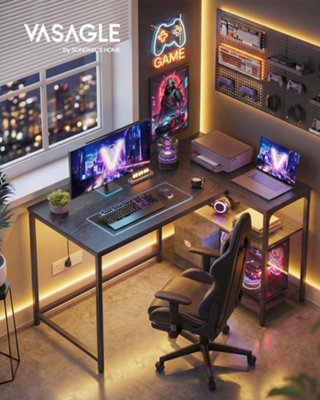 LEDREM Corner Computer Desk With Adjustable Storage ShelvesL Shaped Gaming Table For OfficeBlack from B&Q