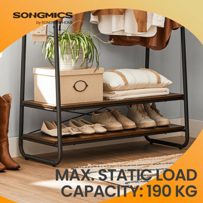 Songmics Vasagle Clothes Rail With 2 ShelvesClothes Rack 6 S-Shaped HooksSteel FrameFor BedroomRustic Brown And Black