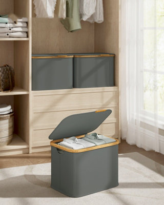 LEDREM Laundry Hamper With LidSpace-Saving Laundry BasketOxford FabricFoldableBamboo FrameSlate Gray