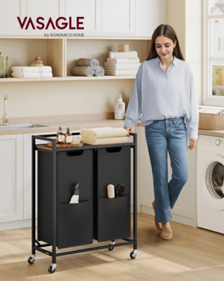 B&Q -  Laundry BasketLaundry Hamper Sorter Cart With 2 Compartments,storage ShelfWheelsRemovable Bags