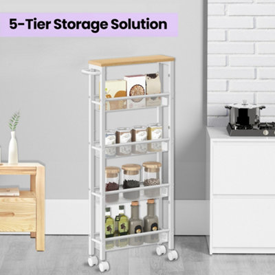 LEDREM 5-Tier Slim Storage CartRolling Cart With HandleMetal FrameFor Living RoomKitchenDining RoomOak Beige And White