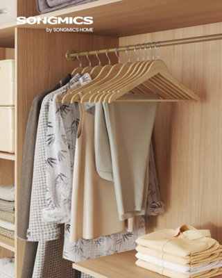 LEDREM Wooden HangersPack Of 10Coat HangersPants Bar360 Swivel HooksSolid Birch WoodSpace Saving from B&Q