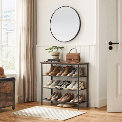 LEDREM Shoe Rack 4 TierNarrow Shoe Storage OrganiserWith 3 Fabric Shelves And Top For BagsSteel FrameFor EntrywayCloset from B&Q