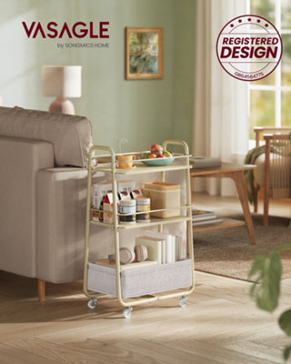LEDREM Lilea CollectionStorage Trolley With Fabric Basket3-Tier Rolling Trolley On WheelsWith ShelvesFor Living RoomBedroom from B&Q