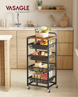 LEDREM 5-Tier Storage Trolley With Pull-Out BasketsKitchen Shelf With WheelsHandle31.7 X 40 X 95 CmRustic Brown And Ink Black from B&Q