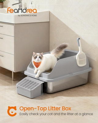 LEDREM Stainless Steel Cat Litter BoxHigh Sided Litter Tray With Open TopStepScoopBrushFor Cats Up To 15 KgSlate Grey from B&Q