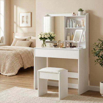 LEDREM Dressing TableMakeup Table With MirrorVanity Table With Adjustable ShelvesDrawerStorage CabinetMakeup Organiser from B&Q
