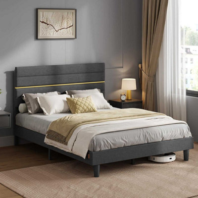 B&Q -  King Bed FrameFor 150 X 200 Cm MattressAdjustable Upholstered HeadboardMetal FrameWooden SlatsModern