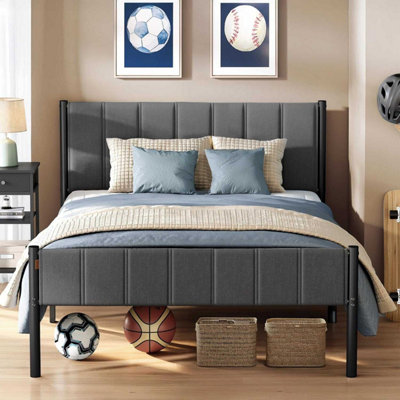 LEDREM Double Bed Frame135 X 190 CmWith Upholstered HeadboardMetal Bed Frame500 Kg Weight CapacityEasy AssemblySlate Grey from B&Q