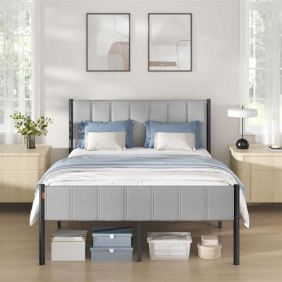 LEDREM Double Bed Frame135 X 190 CmWith Upholstered HeadboardMetal Bed Frame500 Kg Weight CapacityEasy AssemblyDove Grey from B&Q