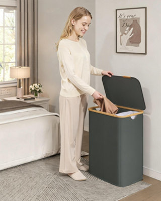 LEDREM Laundry Hamper With Lid2-Compartment Laundry BasketOxford FabricFoldableBamboo Frame,37 Gal. (140 L)52 X 38.5 X 70.5 Cm from B&Q
