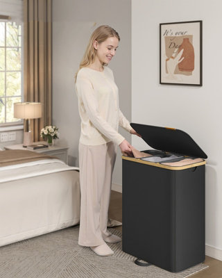 LEDREM Laundry Hamper With LidLaundry Basket SorterStorage BinRemovable LinersBamboo Frame,ink Black