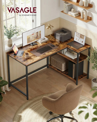 LEDREM L Shaped Corner DeskComputer Gaming Desk With StorageReversible Height-Adjustable ShelvesRustic Brown from B&Q