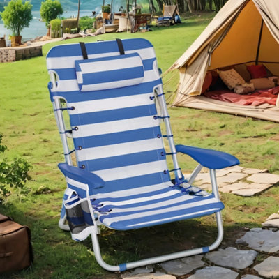 LEDREM Beach ChairFolding Camping ChairPortable Outdoor ChairWith Adjustable Backrest2 Side PocketsBlue And White from B&Q