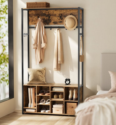 LEDREM Hall Tree With Bench And Shoe StorageCoat Rack With Shoe BenchHallway Furniture Rustic Brown And Ink Black from B&Q