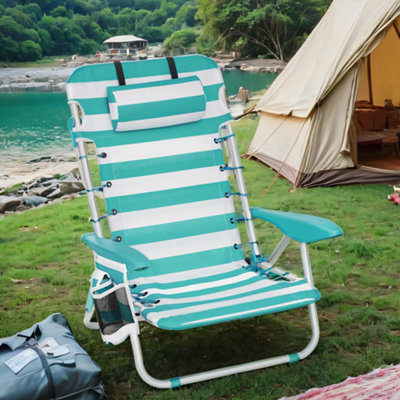 LEDREM Beach ChairFolding Camping ChairPortable Outdoor ChairWith Adjustable Backrest2 Side PocketsGreen And White from B&Q