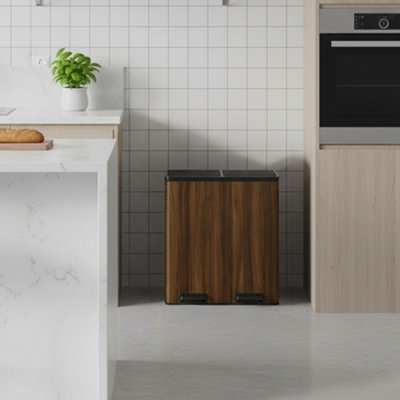 LEDREM Kitchen Pedal Bin2-Compartment Recycling Rubbish Bin With Soft Close LidsFor HomeRemovable Inner BucketsWalnut from B&Q