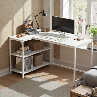 LEDREM Shaped Corner DeskComputer Gaming Desk With StorageReversible Height-Adjustable ShelvesFor Home OfficeMaple White from B&Q