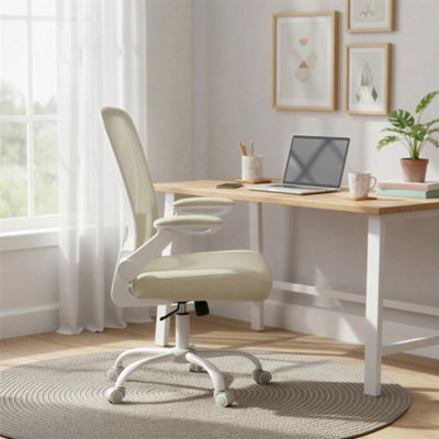 LEDREM Mesh Office Desk ChairErgonomic Swivel ChairFolding ArmrestsBeige from B&Q