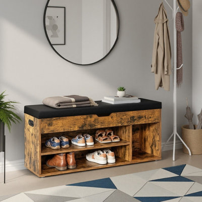 LEDREM Storage Bench With CushionShoe Bench With Padded SeatEntryway Bench With 3 CompartmentsHidden StorageBrown And Black from B&Q