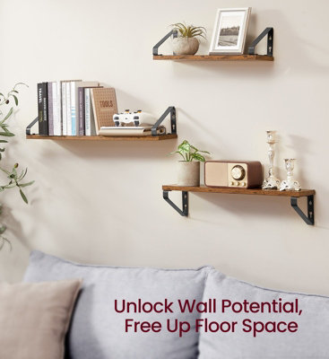 LEDREM Wall ShelvesFloating Shelves Wall MountedSet Of 32 Mounting Ways40/50/60 CmRustic Brown And Matte Black from B&Q
