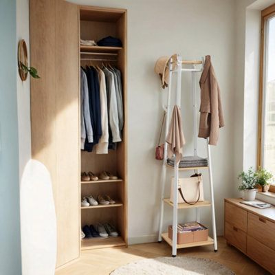 LEDREM Coat RackCoat Stand With 3 ShelvesHall Tree Free Standing With HooksSteel FrameFor EntrywayLiving RoomOak And White from B&Q