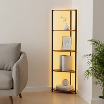 LEDREM 5-Tier Corner ShelfBookcase With Adjustable Led LightsStorage Shelf With Steel Frame24.8 X 48 X 146.6 CmRustic Brown from B&Q