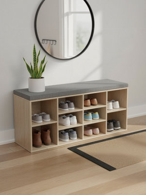 LEDREM Shoe Bench With Cushion10-Compartment Storage Bench With Padded SeatAdjustable ShelvesFor BedroomOak Colour from B&Q