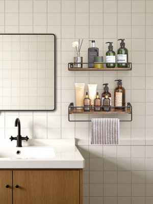 LEDREM Set Of 2 Bathroom Floating ShelvesWall Shelves With Towel RackWood Shelves For WallRustic Brown And Black from B&Q