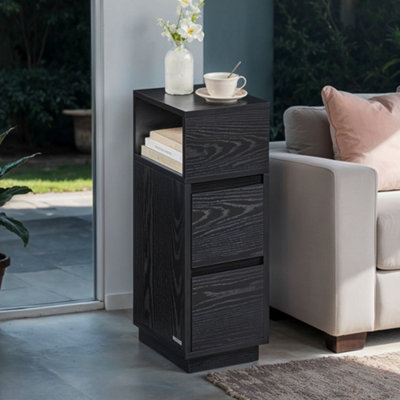 LEDREM Narrow Side TableSlim End Table With 2 Drawers1 Open CompartmentFor Living RoomBedroomBlack from B&Q