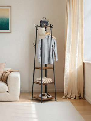 LEDREM Coat RackCoat Stand With 4 ShelvesHall Tree Free Standing With HooksFor EntrywayLiving RoomRustic Brown from B&Q