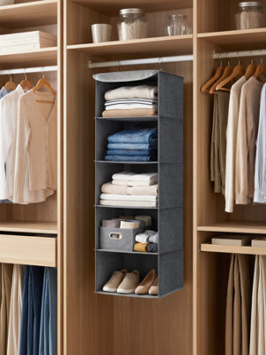 LEDREM Closet Hanging ShelvesFoldable Clothes Storage Organiser With Bamboo InsertsSpace-SavingMetal HooksFor WardrobeGrey from B&Q