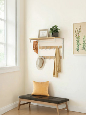 LEDREM Vasagle Coat Hooks For WallWall Shelf With 10 Removable HooksClothes RailOak Colour from B&Q