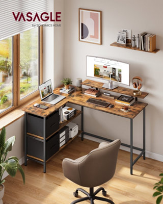 LEDREM L-Shaped Gaming Desk Desk With Monitor StandDrawersAdjustable ShelfRustic Brown from B&Q