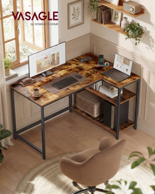 LEDREM L Shaped Corner DeskComputer Gaming Desk With StorageReversible Height-Adjustable ShelvesFor Home OfficeRustic Brown from B&Q