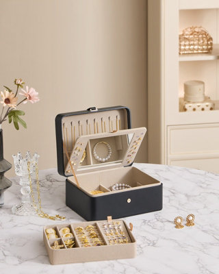 LEDREM Jewellery Organiser With Glass LidRemovable TrayModern Storage BoxGift Idea2 LayersWhite And Gold from B&Q