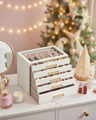 LEDREM Jewellery Box5-Layer Jewellery Storage Organiser With Glass Window5 DrawersLarge CapacityModern,cream White from B&Q
