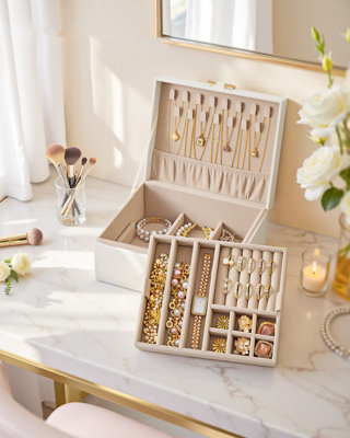 LEDREM Jewellery Box Organiser2-Layer Jewellery Storage Case With Removable TrayCarry HandleFor Necklaces,cream White from B&Q
