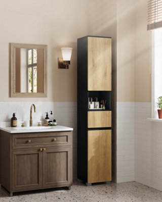 LEDREM Tall Bathroom CabinetSlim Storage CabinetNarrow CupboardBathroom Storage Unit,30 X 30 X 170.2 Cm,ink Black And Natural Brown from B&Q