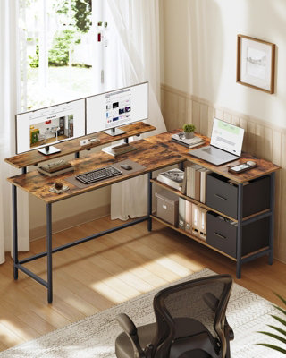 LEDREM Corner Computer Desk With DrawersAdjustable Storage ShelfL-Shaped Gaming Desk For Home OfficeBrown from B&Q