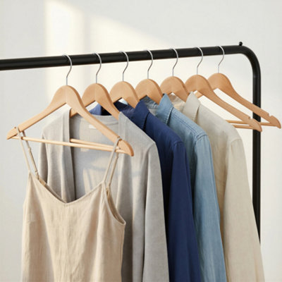 LEDREM Wooden Clothes HangersSet Of 10Coat Hangers With Shoulder Notches360 Silver Swivel HookNatural from B&Q