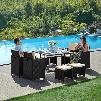 LEDREM Garden Furniture Set Dining Table And ChairsSet Of 9 Pe Rattan Outdoor Patio FurnitureBlack And Beige from B&Q