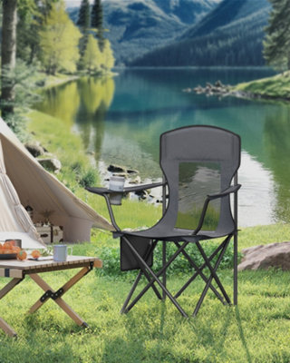 LEDREM Set Of 2 Folding Camping Chairs With Breathable High BackAdjustable Armrests And Cup HolderGrey from B&Q