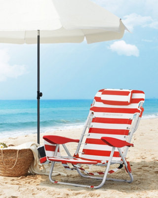 LEDREM Beach ChairFolding Camping Chair Carry As A BackpackWith Adjustable BackrestHeadrestArmrest Red And White from B&Q