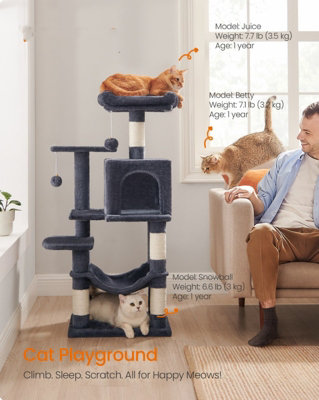 LEDREM Cat Tree Tower112 Cm Multi-Level Plush Cat Condo With 4 Scratching Posts2 PerchesCaveHammockPompomsSmoky Grey from B&Q