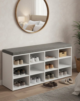 LEDREM Shoe BenchStorage Bench With Padded SeatWith Cushion12 CompartmentsAdjustable ShelvesFor Living RoomHallwayWhite from B&Q