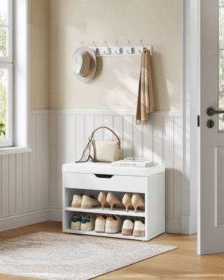 LEDREM Shoes Storage BenchShoes Rack With Folding Padded SeatShoe Organizer With 2 Shelves60 X 30 X 44 CmWhite from B&Q